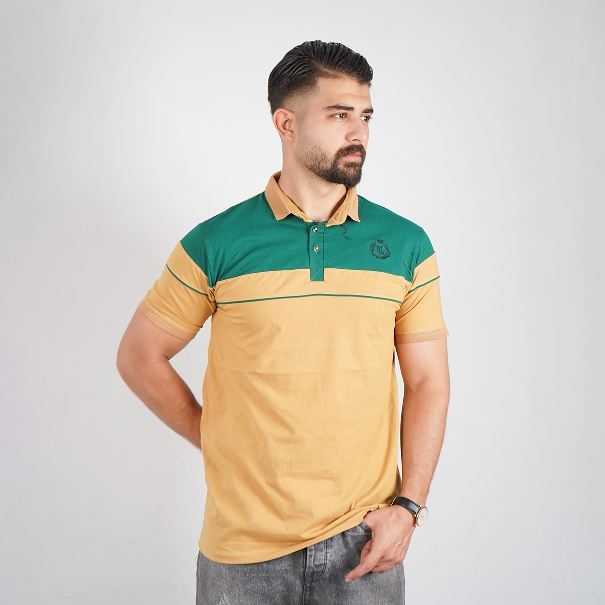 تیشرت مردانه یقه فرنچ کرم مدل Bahman